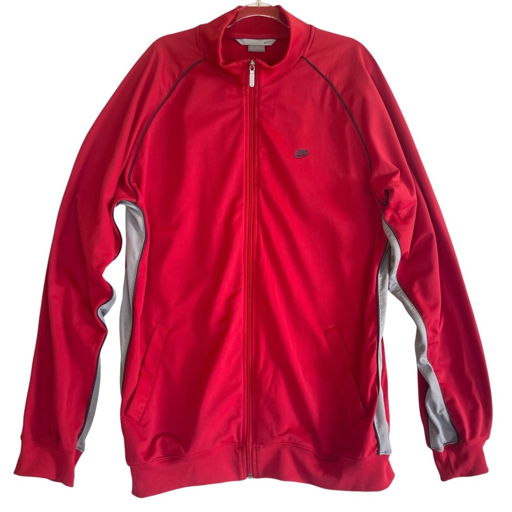 Nike Mens XLT Red Gray Full Zip Track Jacket Mesh Panels Swoosh Y2K Activewear